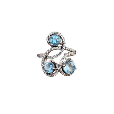 R0004 925 Silver Cocktail Ring set with 3 pcs Blue Topaz (3.30Cts) and Cubic Zorconia