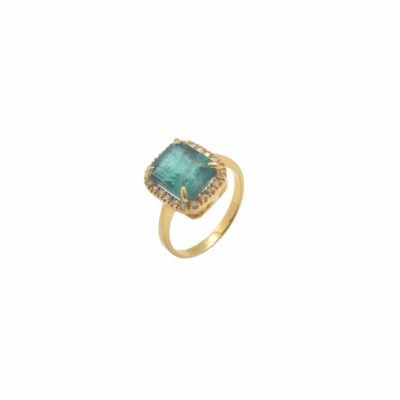 Vivid Green Natural Emerald (Beryl) Ring with Diamonds in 15K Yellow Gold